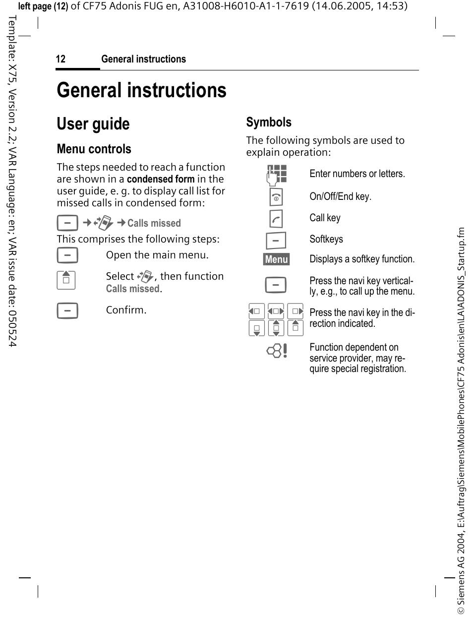 General instructions, User guide | Siemens CF75 User Manual | Page 13 / 150