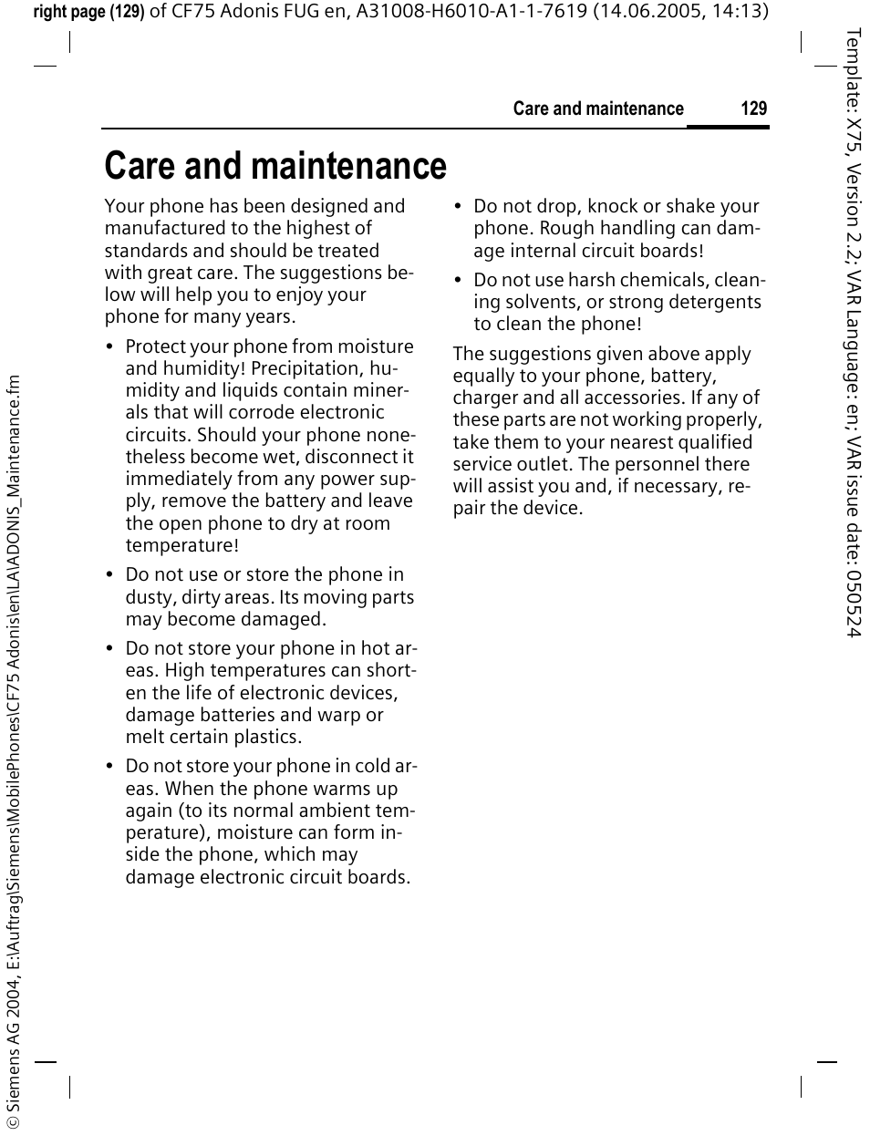 Care and maintenance | Siemens CF75 User Manual | Page 130 / 150