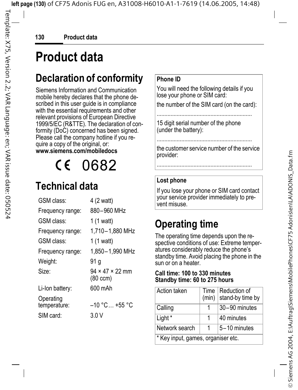 Product data, Declaration of conformity, Technical data operating time | Siemens CF75 User Manual | Page 131 / 150