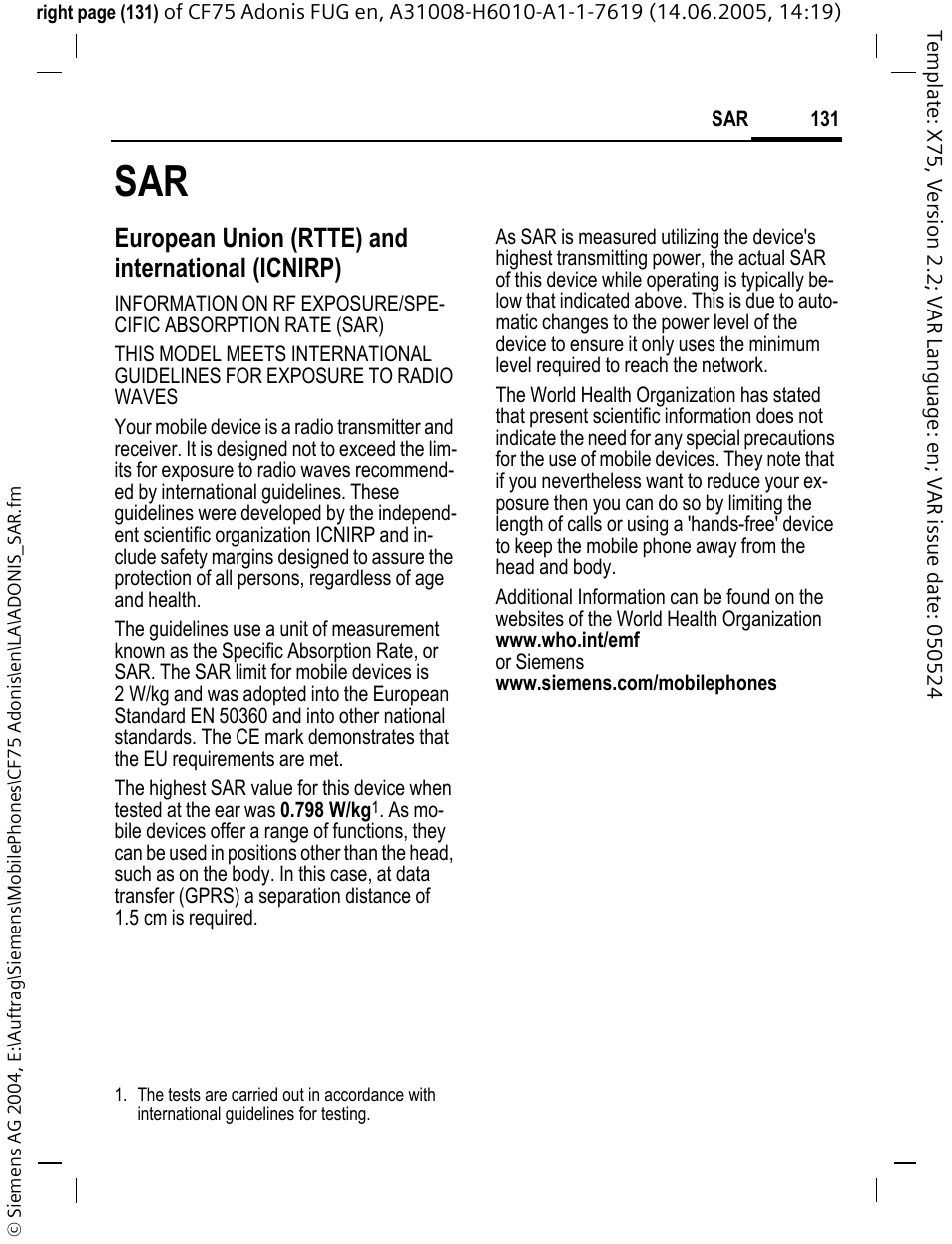 European union (rtte) and international (icnirp) | Siemens CF75 User Manual | Page 132 / 150