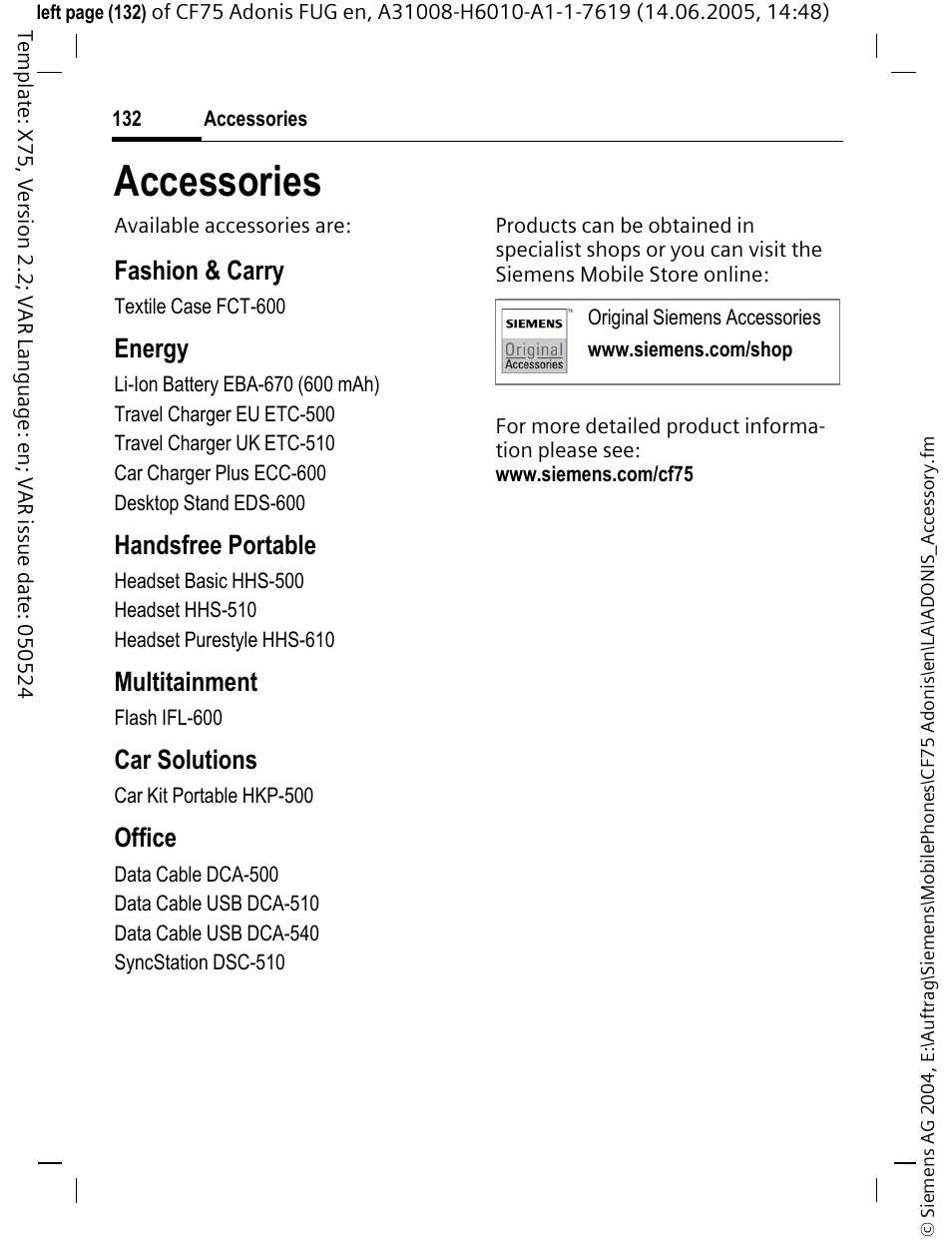 Accessories, P. 132) to a pc. the pc program, Fashion & carry | Energy, Handsfree portable, Multitainment, Car solutions, Office | Siemens CF75 User Manual | Page 133 / 150