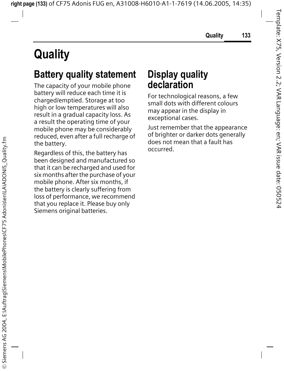 Quality, Battery quality statement, Display quality declaration | Siemens CF75 User Manual | Page 134 / 150