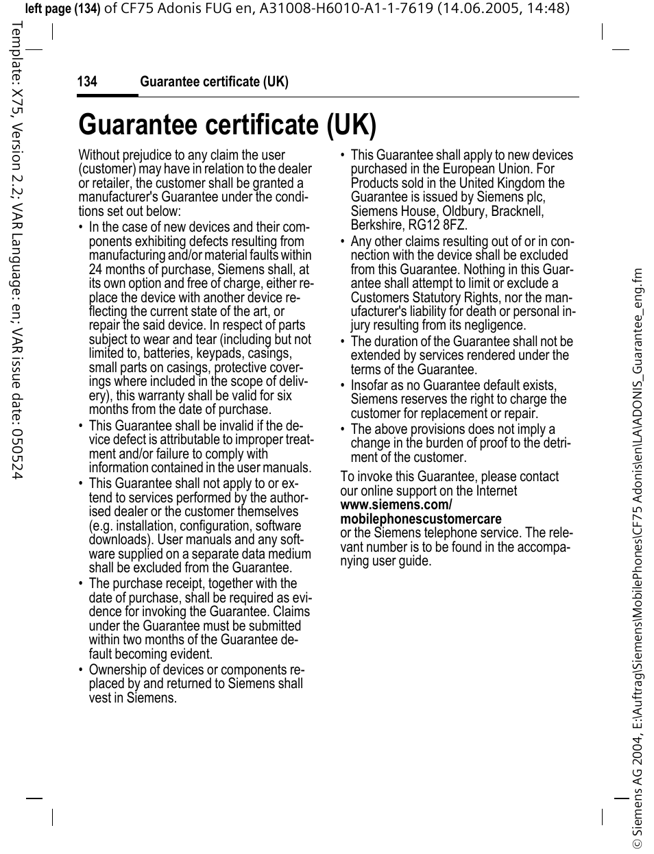 Guarantee certificate (uk) | Siemens CF75 User Manual | Page 135 / 150