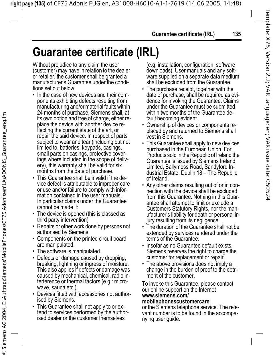 Guarantee certificate (irl) | Siemens CF75 User Manual | Page 136 / 150