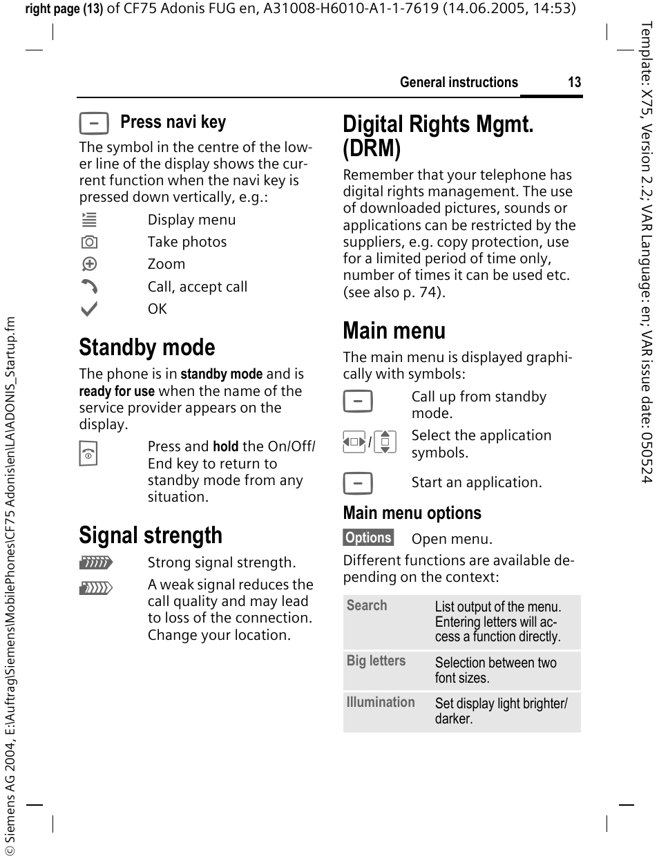 Standby mode, Signal strength, Digital rights mgmt. (drm) | Main menu | Siemens CF75 User Manual | Page 14 / 150