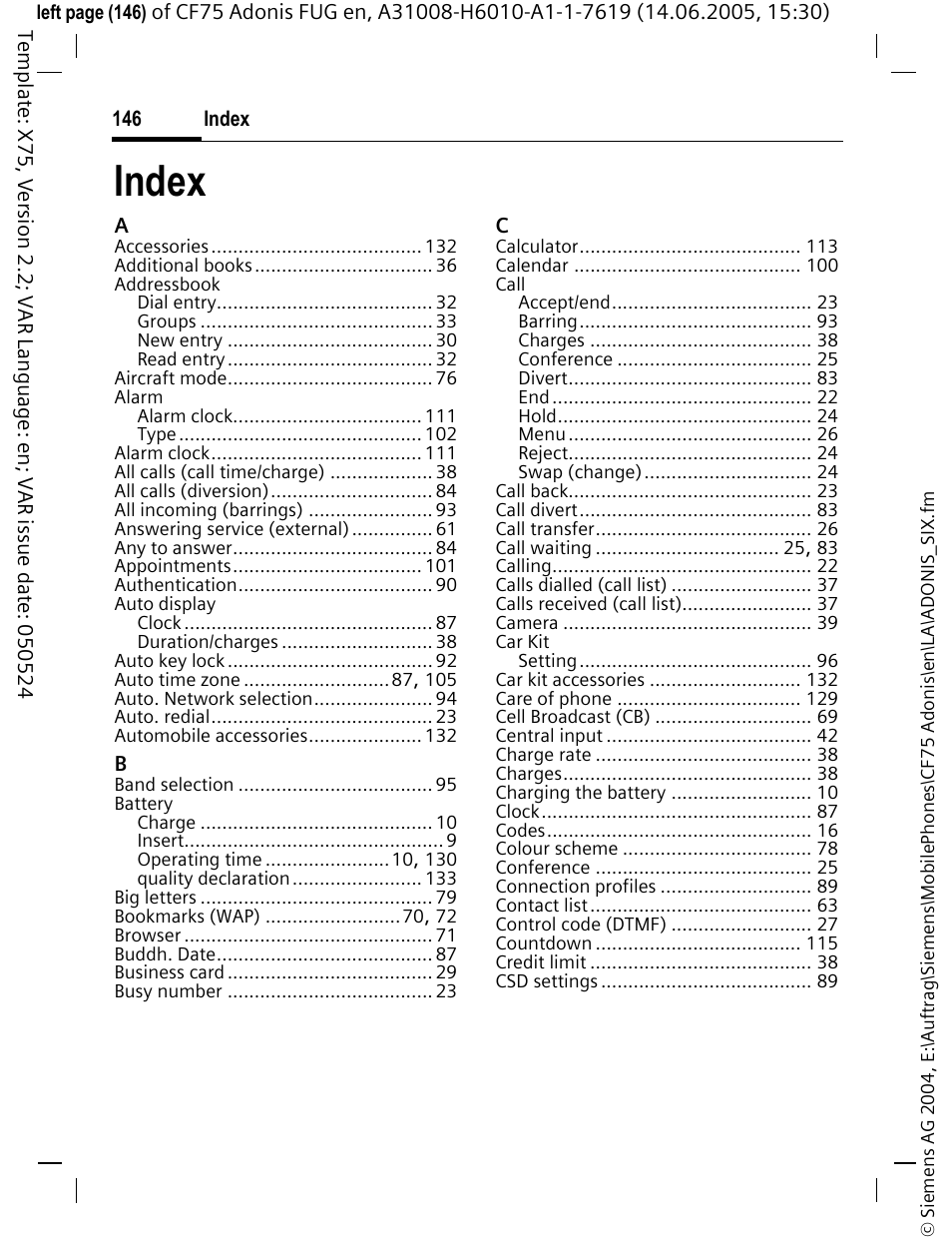 Index | Siemens CF75 User Manual | Page 147 / 150