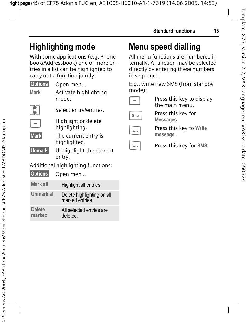 Highlighting mode, Menu speed dialling | Siemens CF75 User Manual | Page 16 / 150