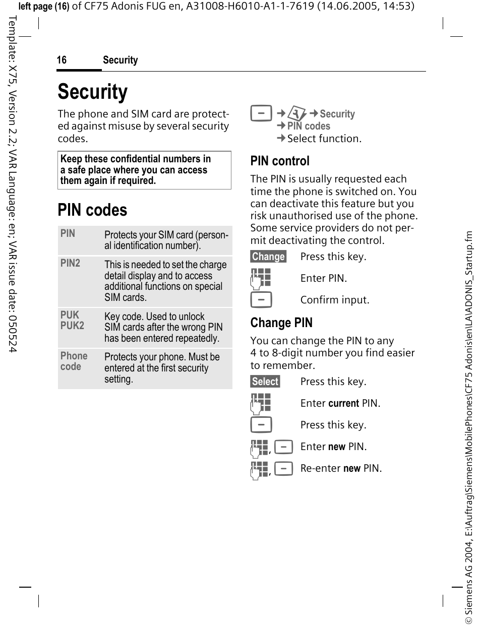 Security, Pin codes | Siemens CF75 User Manual | Page 17 / 150