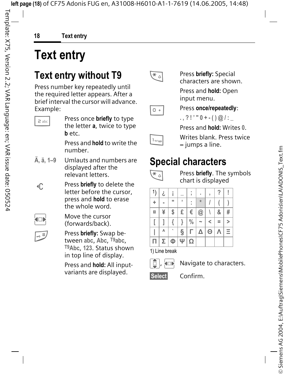 Text entry, Text entry without t9, Special characters | Siemens CF75 User Manual | Page 19 / 150