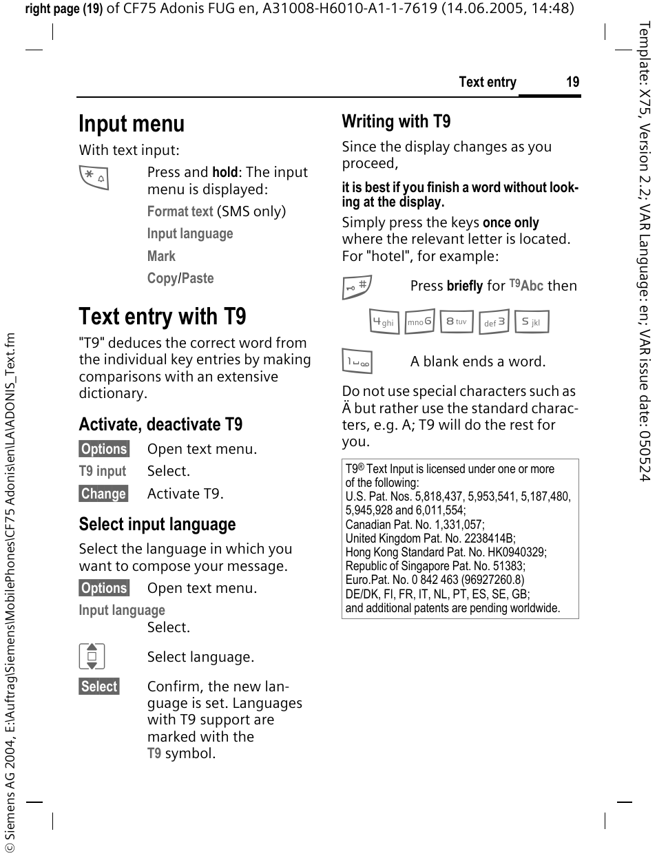 Input menu, Text entry with t9, Activate, deactivate t9 | Select input language, Writing with t9 | Siemens CF75 User Manual | Page 20 / 150