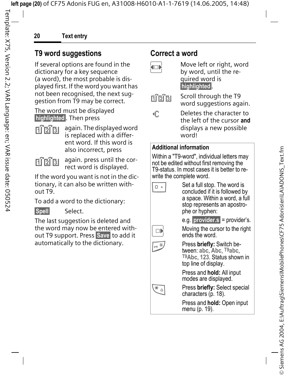 T9 word suggestions, Correct a word | Siemens CF75 User Manual | Page 21 / 150