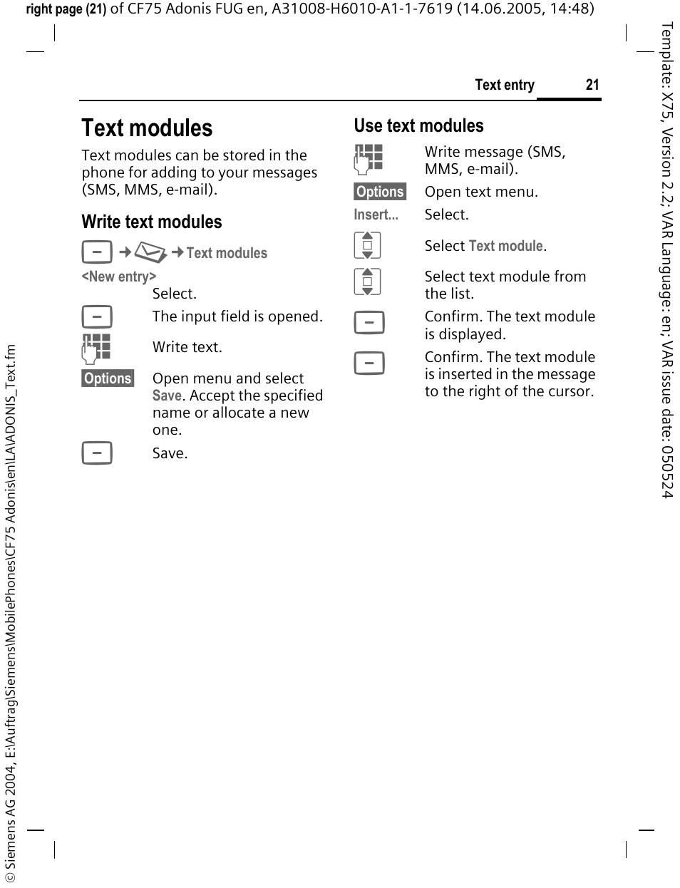 Text modules | Siemens CF75 User Manual | Page 22 / 150