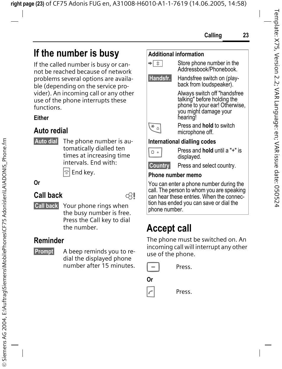 If the number is busy, Accept call, Auto redial | Call back b, Reminder | Siemens CF75 User Manual | Page 24 / 150