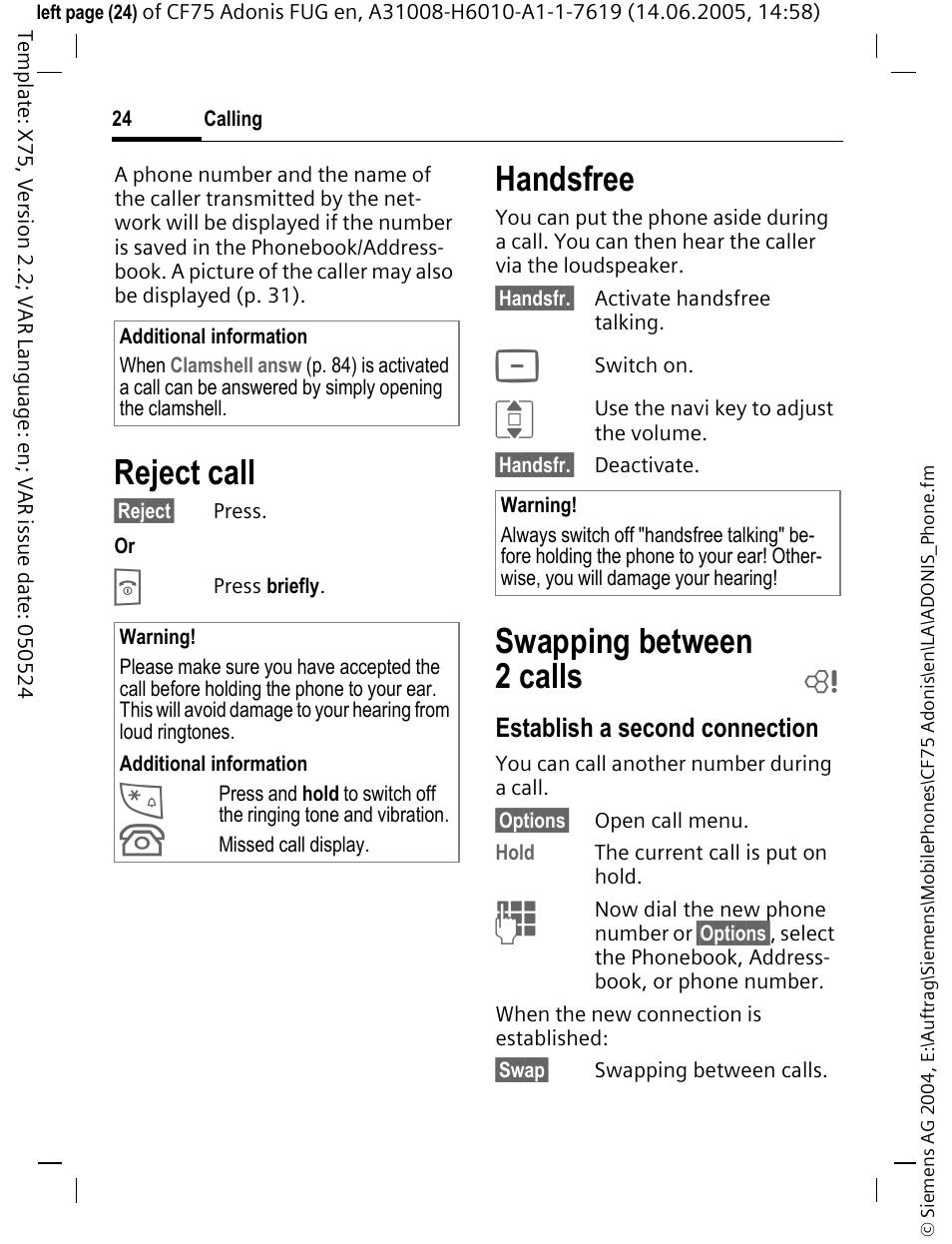 Reject call, Handsfree, Swapping between 2 calls | Siemens CF75 User Manual | Page 25 / 150