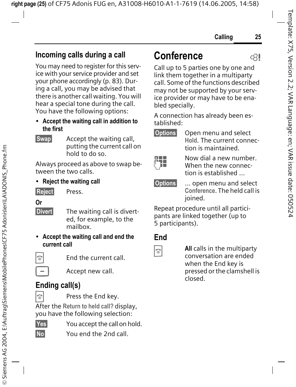 Conference, Incoming calls during a call, Ending call(s) | Siemens CF75 User Manual | Page 26 / 150