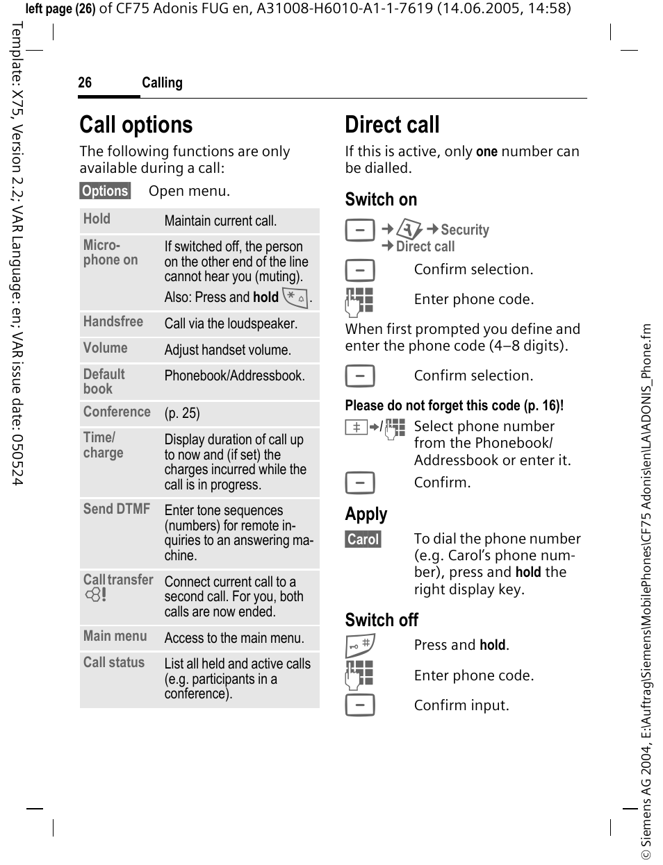 P. 26), Call options, Direct call | Siemens CF75 User Manual | Page 27 / 150