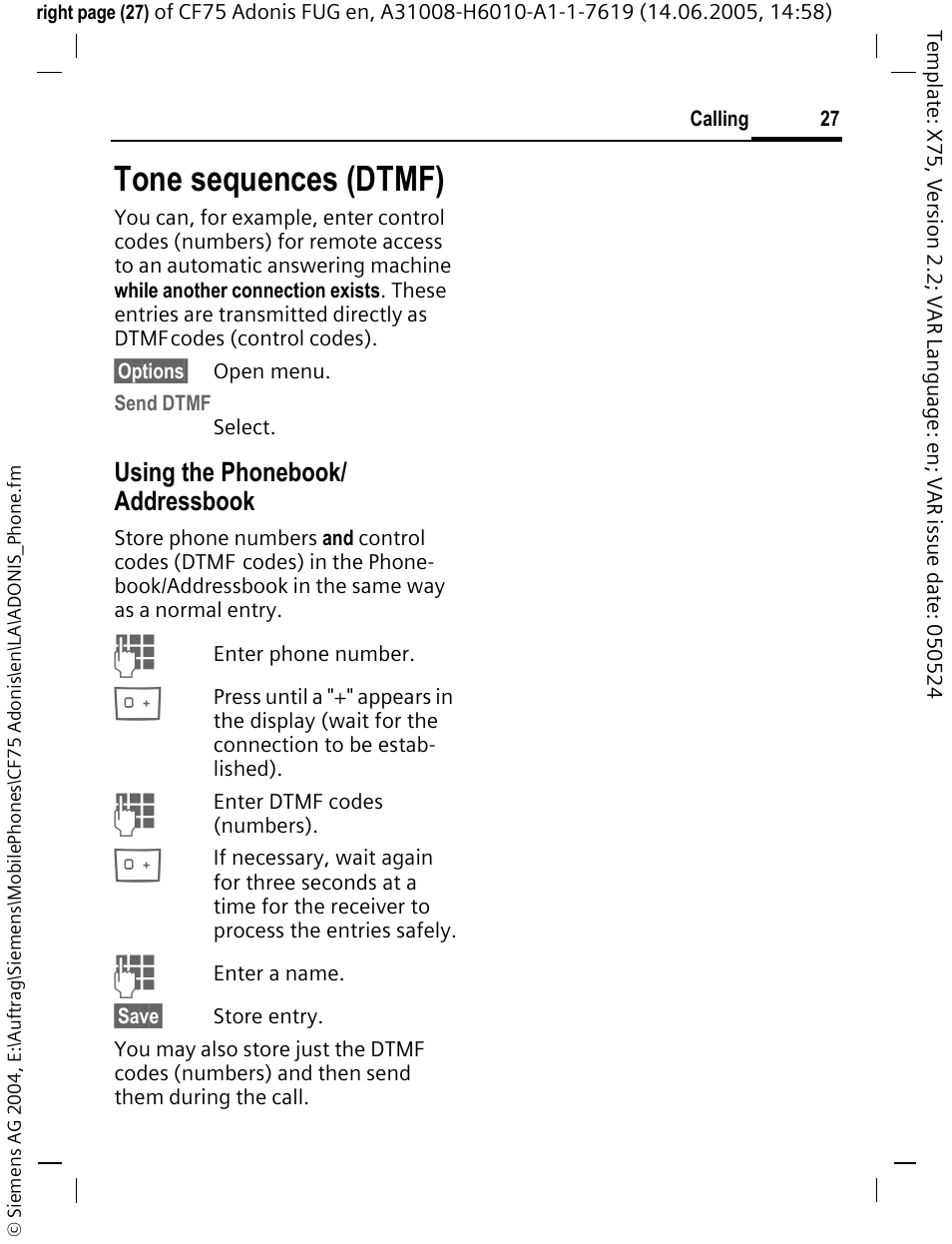 Tone sequences (dtmf) | Siemens CF75 User Manual | Page 28 / 150