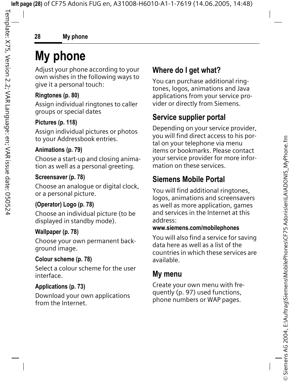 My phone, Where do i get what, Service supplier portal | Siemens mobile portal, My menu | Siemens CF75 User Manual | Page 29 / 150