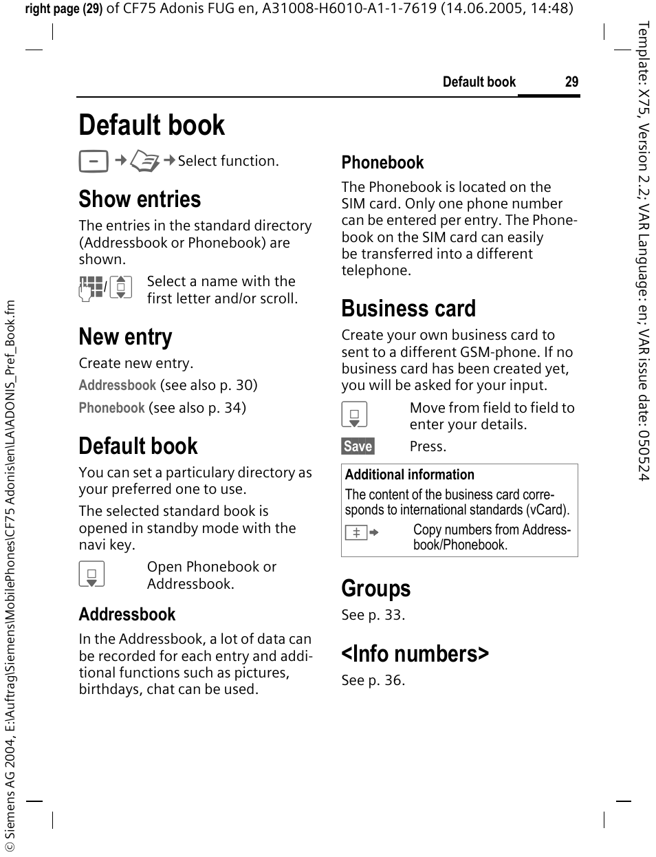 Default book, Show entries, New entry | Business card, Groups, Info numbers | Siemens CF75 User Manual | Page 30 / 150