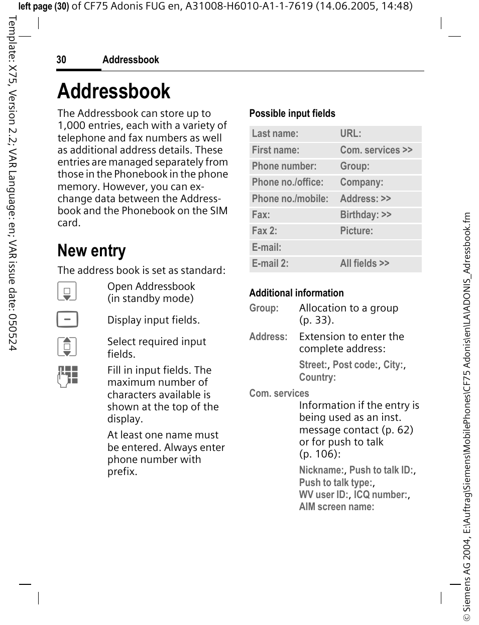 Addressbook, New entry, See also p. 30) | Siemens CF75 User Manual | Page 31 / 150