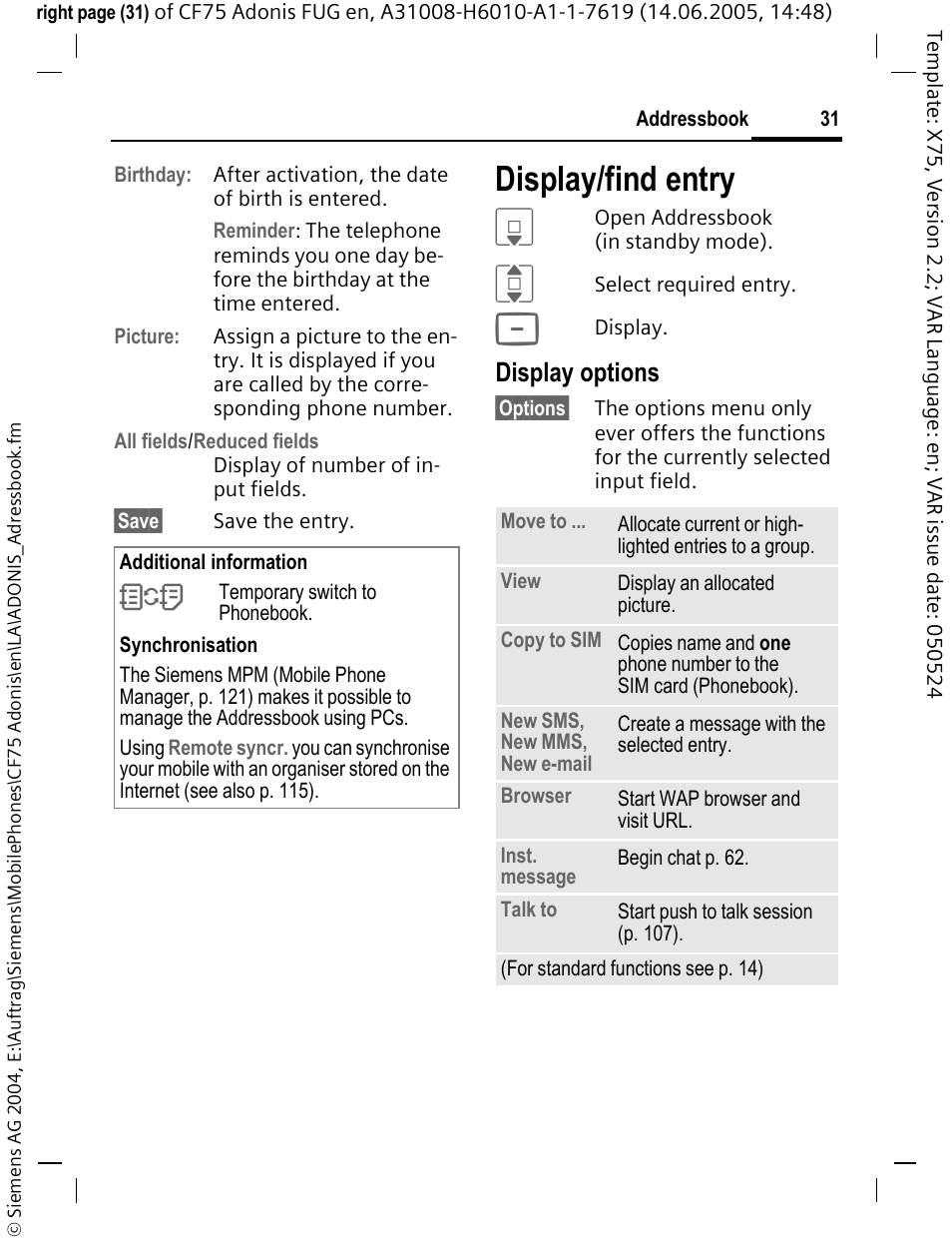 Display/find entry, Display options | Siemens CF75 User Manual | Page 32 / 150