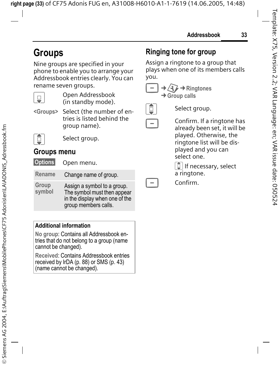 Groups, E p. 33 | Siemens CF75 User Manual | Page 34 / 150