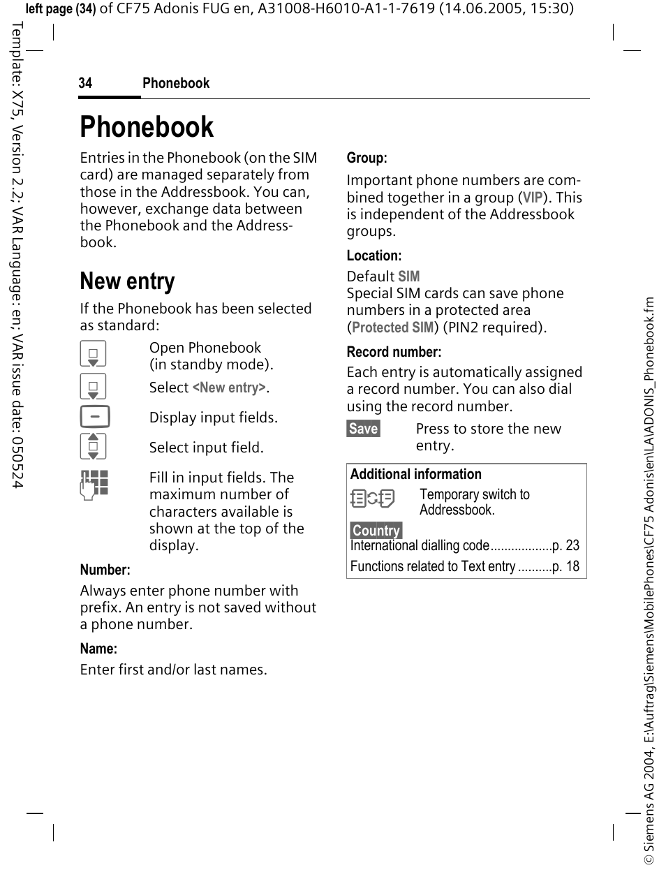 Phonebook, New entry, See also p. 34) | Siemens CF75 User Manual | Page 35 / 150
