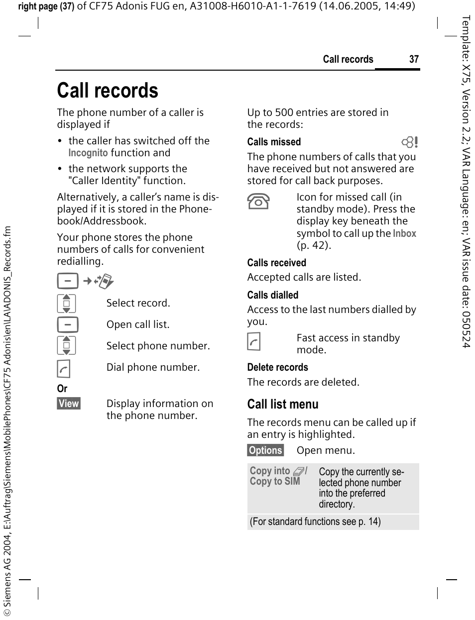 Call records | Siemens CF75 User Manual | Page 38 / 150