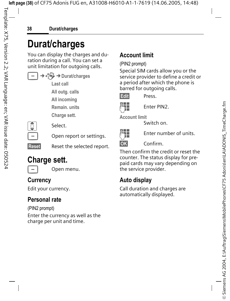 Durat/charges, Charge sett | Siemens CF75 User Manual | Page 39 / 150