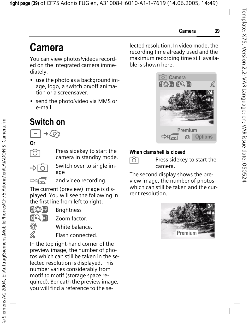 Camera, Switch on | Siemens CF75 User Manual | Page 40 / 150