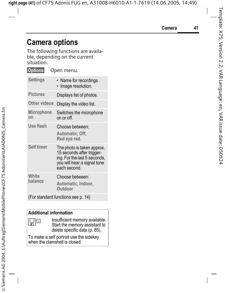 Camera options | Siemens CF75 User Manual | Page 42 / 150