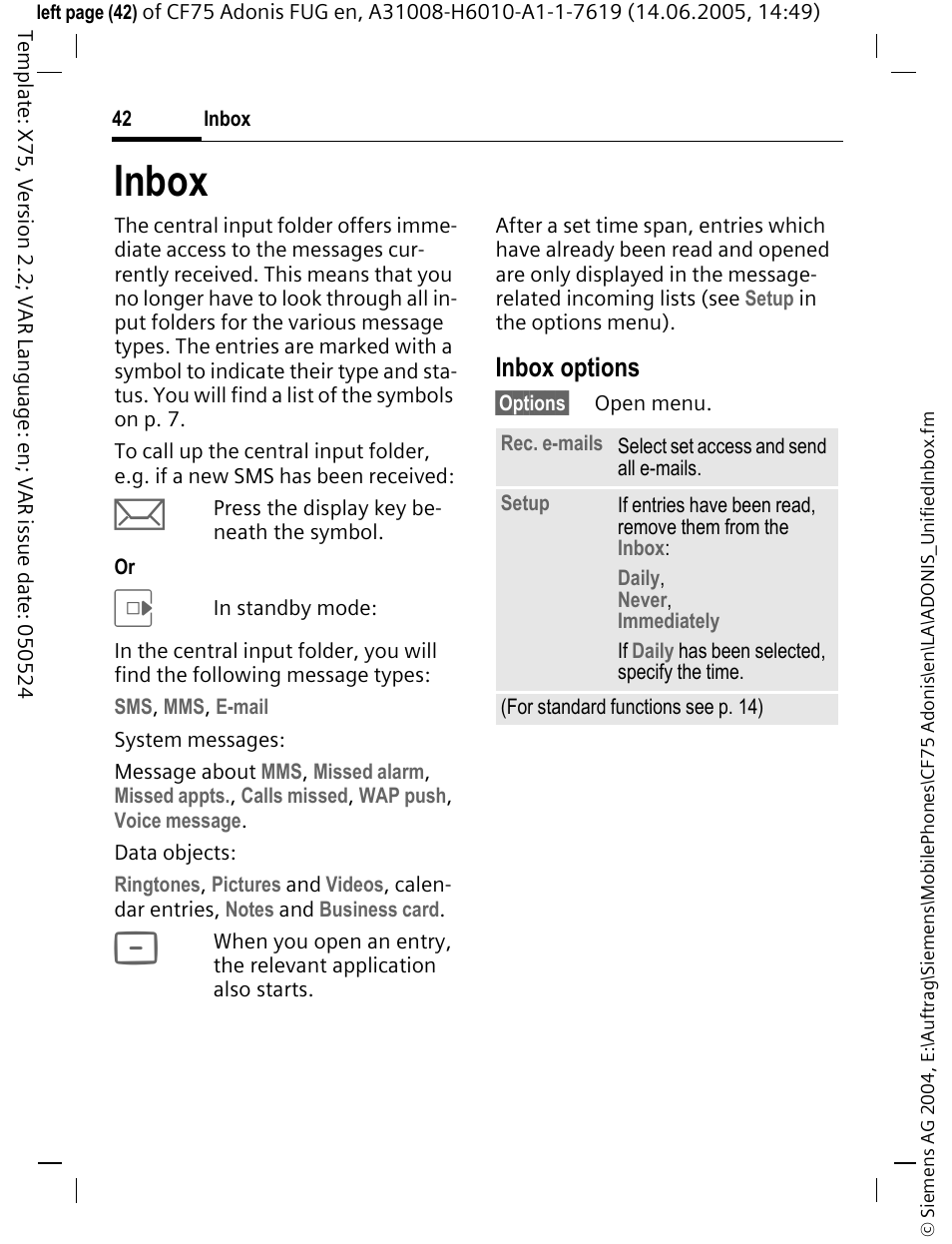 Inbox, Inbox options | Siemens CF75 User Manual | Page 43 / 150