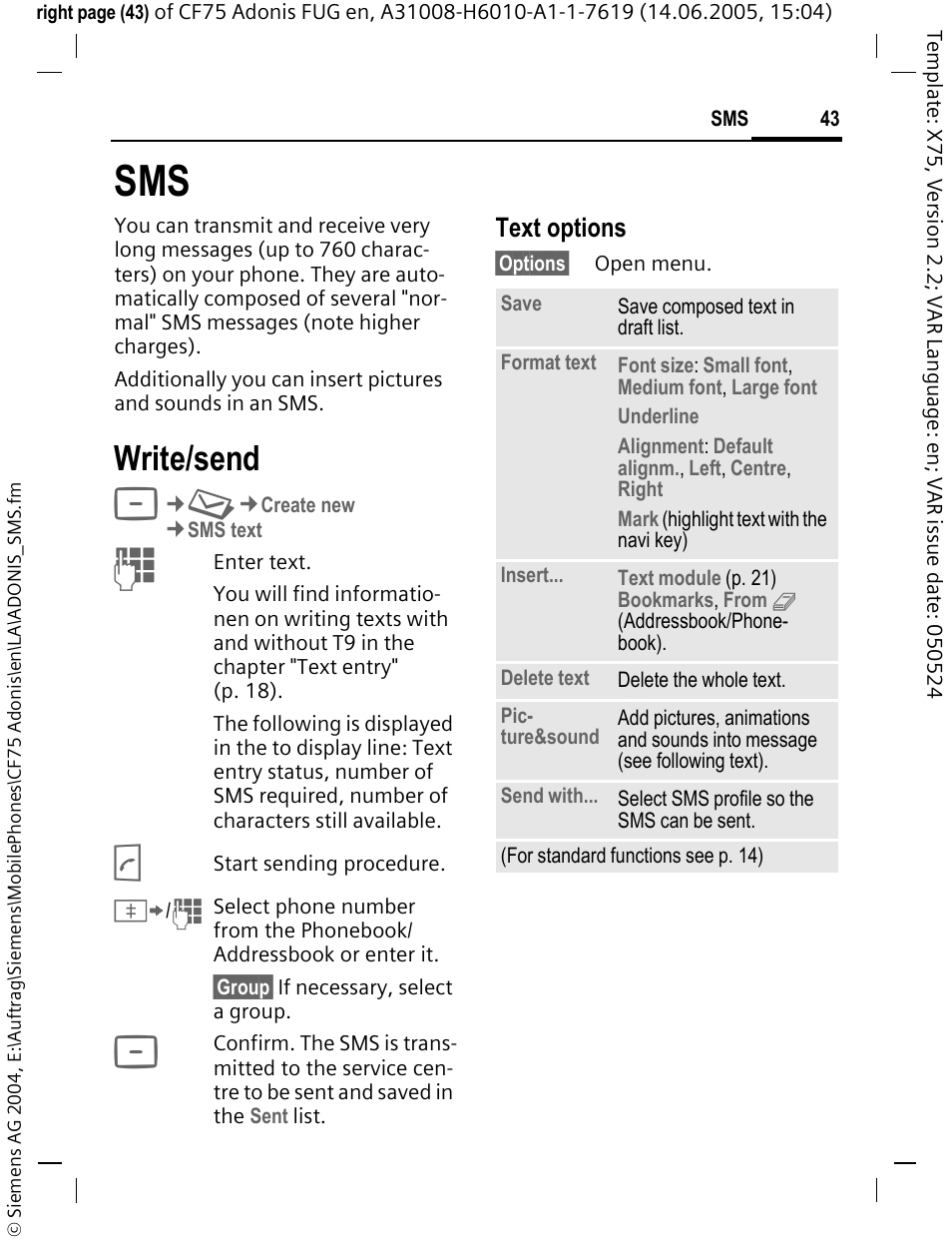 Write/send, Text options | Siemens CF75 User Manual | Page 44 / 150