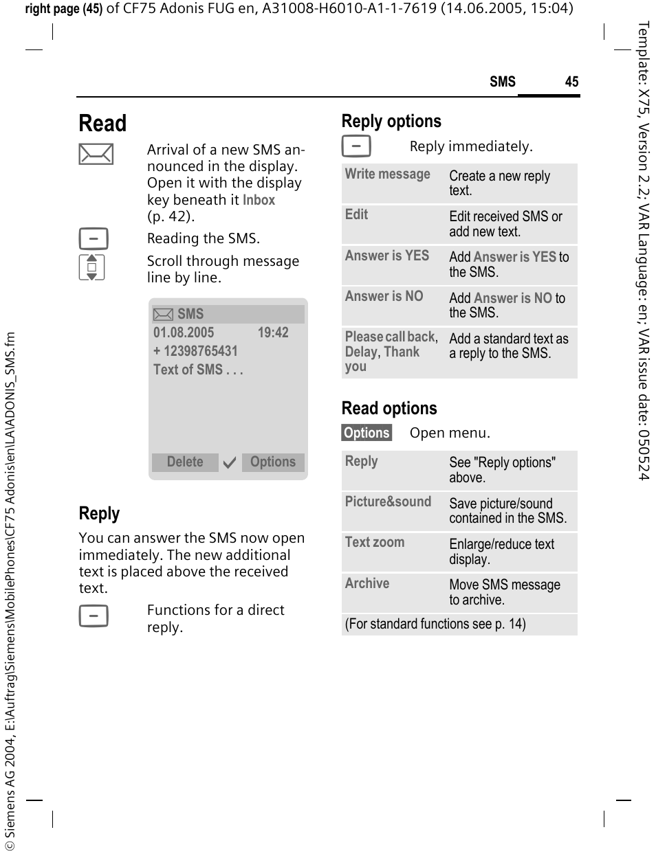 Read, Reply, Reply options | Read options | Siemens CF75 User Manual | Page 46 / 150