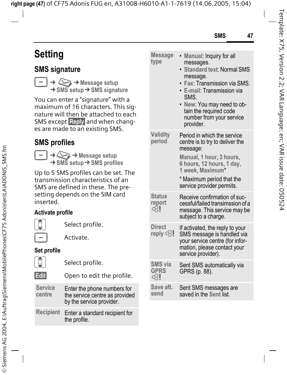 Setting, Sms signature, Sms profiles | Siemens CF75 User Manual | Page 48 / 150