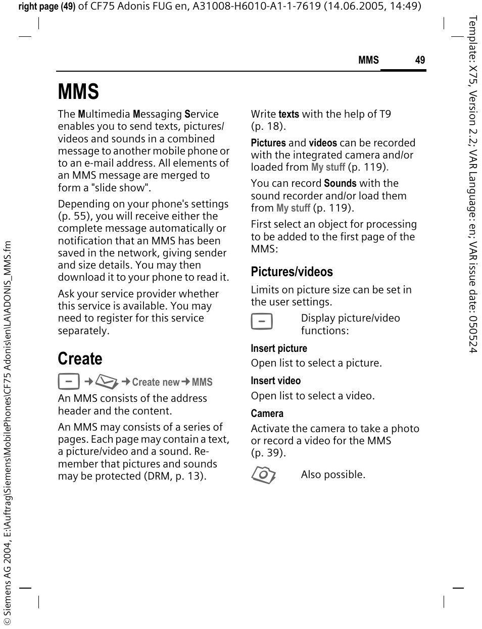 Create, Pictures/videos | Siemens CF75 User Manual | Page 50 / 150