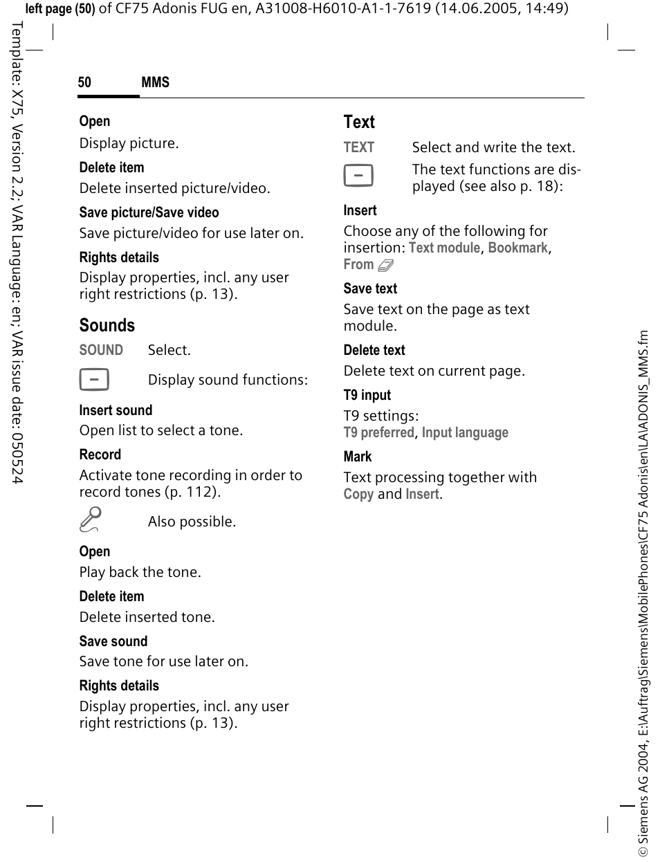 Sounds, Text | Siemens CF75 User Manual | Page 51 / 150