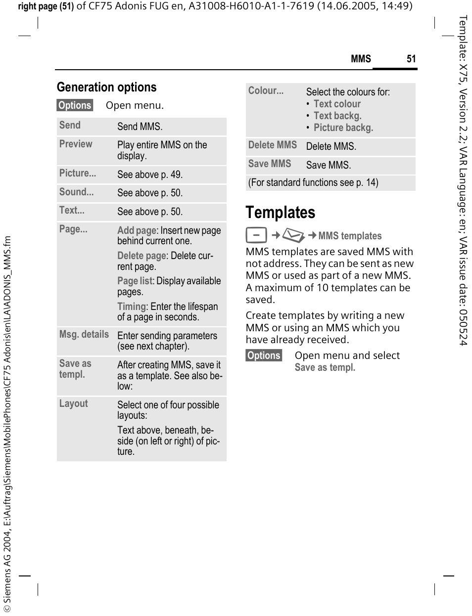 Templates, Generation options | Siemens CF75 User Manual | Page 52 / 150