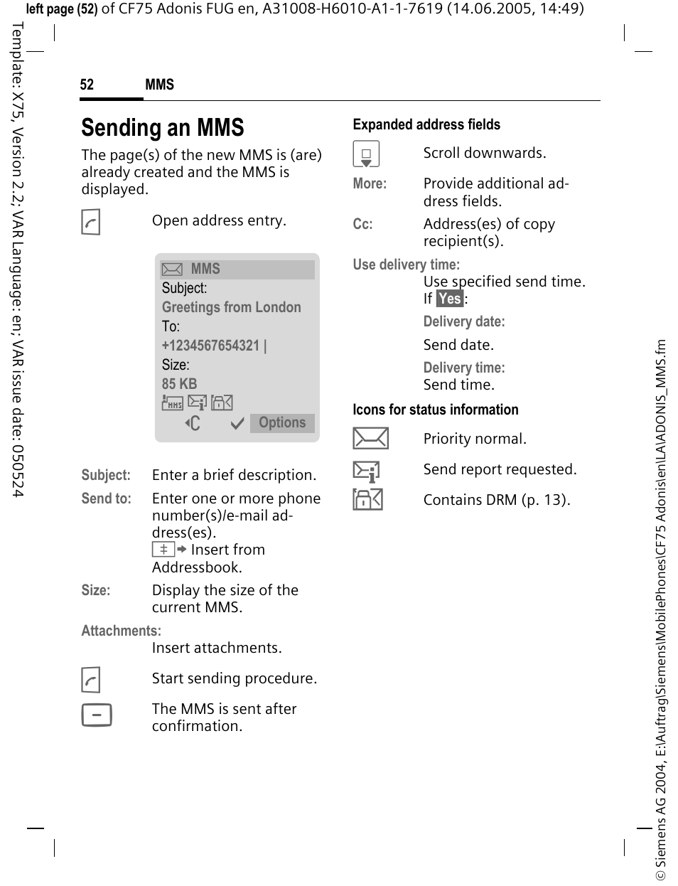 Sending an mms | Siemens CF75 User Manual | Page 53 / 150