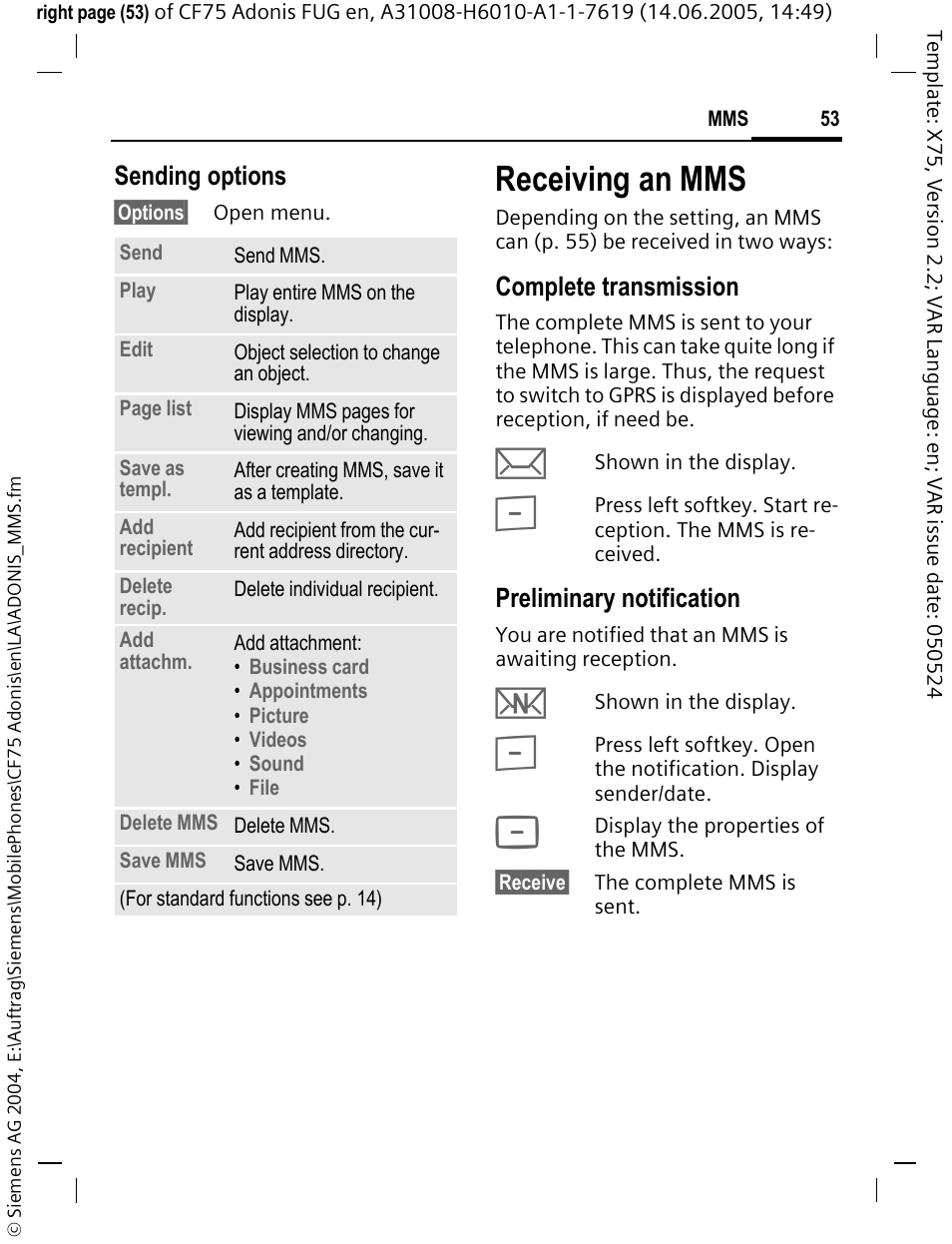 Receiving an mms, Sending options, Complete transmission | Preliminary notification | Siemens CF75 User Manual | Page 54 / 150