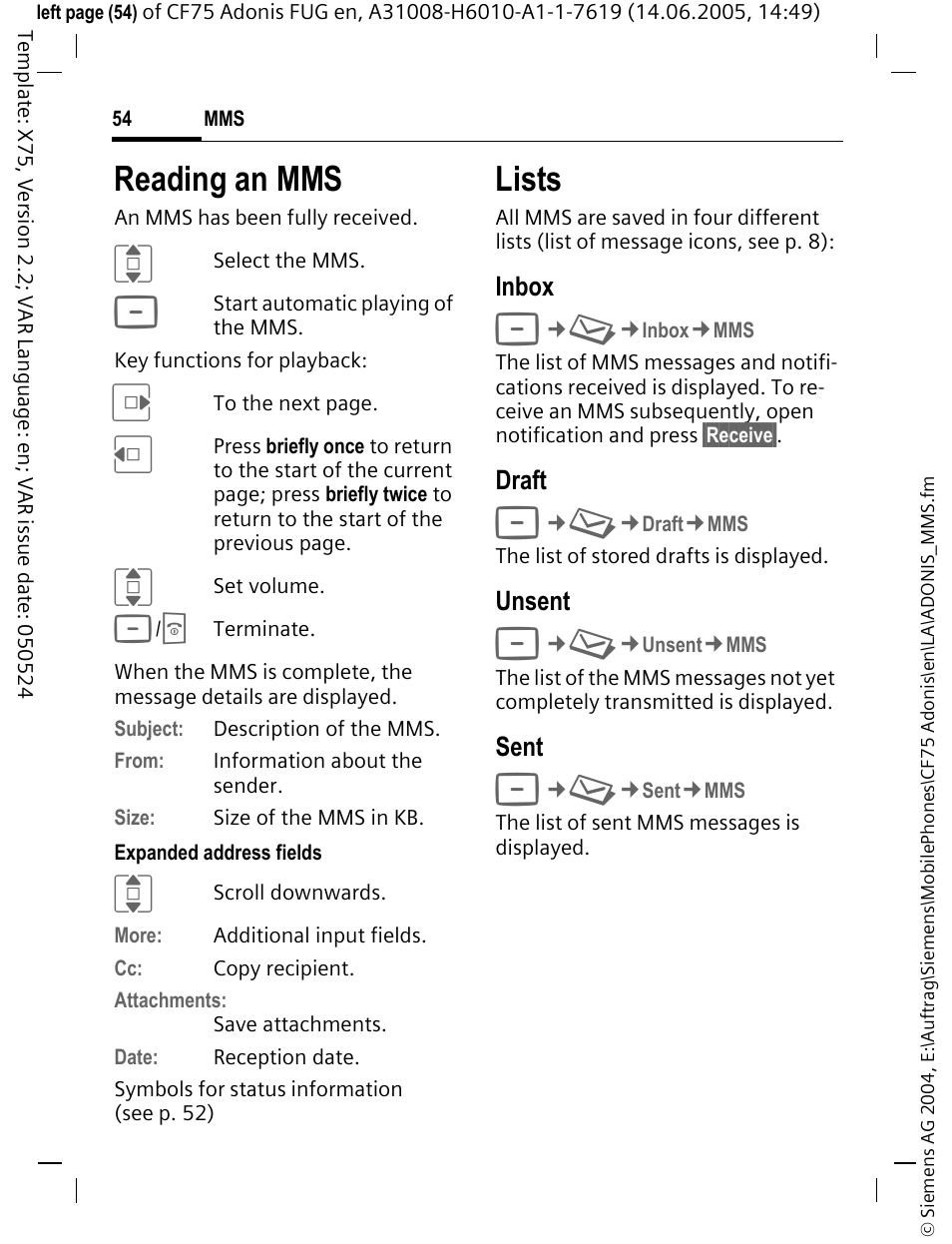 Reading an mms, Lists | Siemens CF75 User Manual | Page 55 / 150