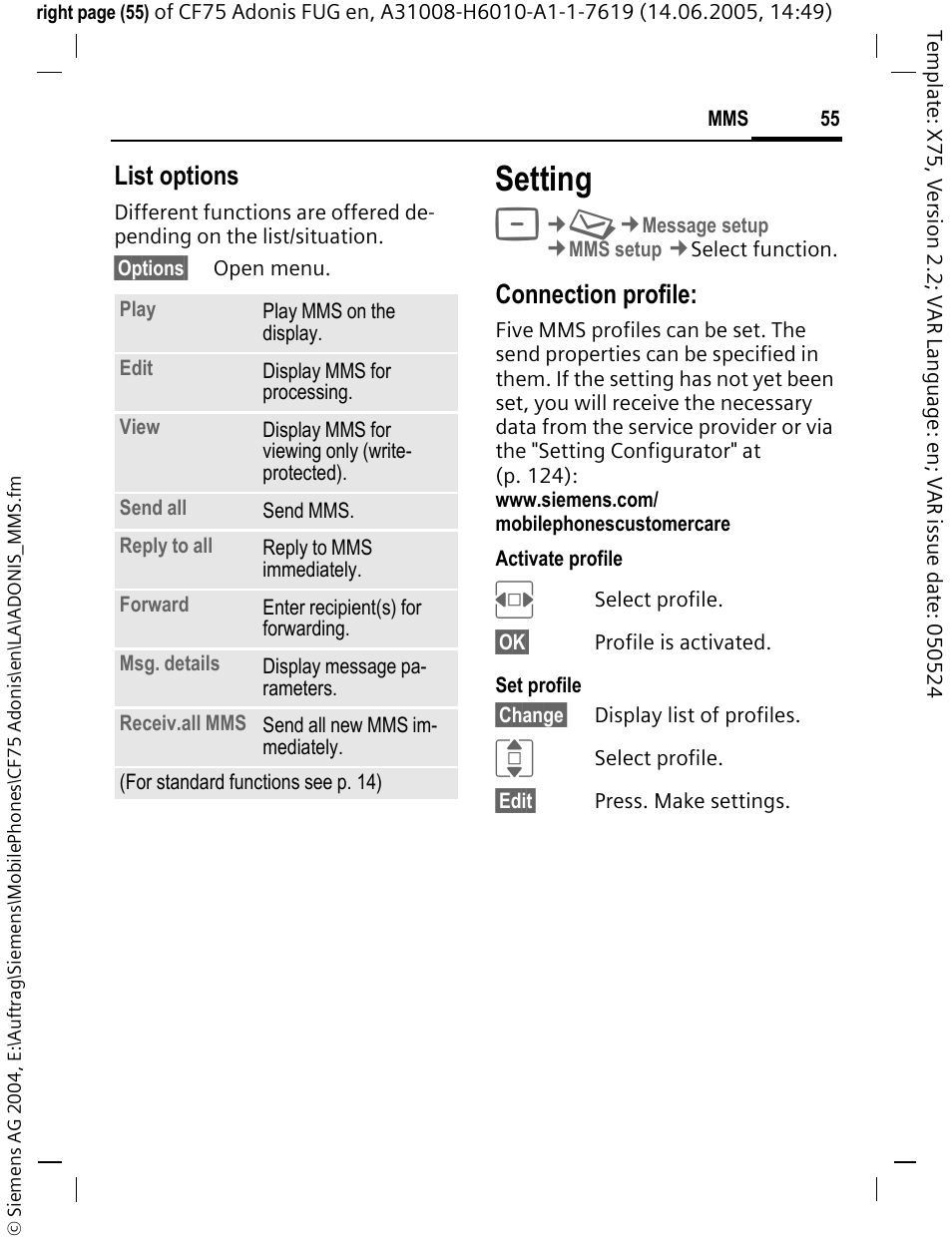 Setting, P. 55), you will receive either the, List options | Connection profile | Siemens CF75 User Manual | Page 56 / 150