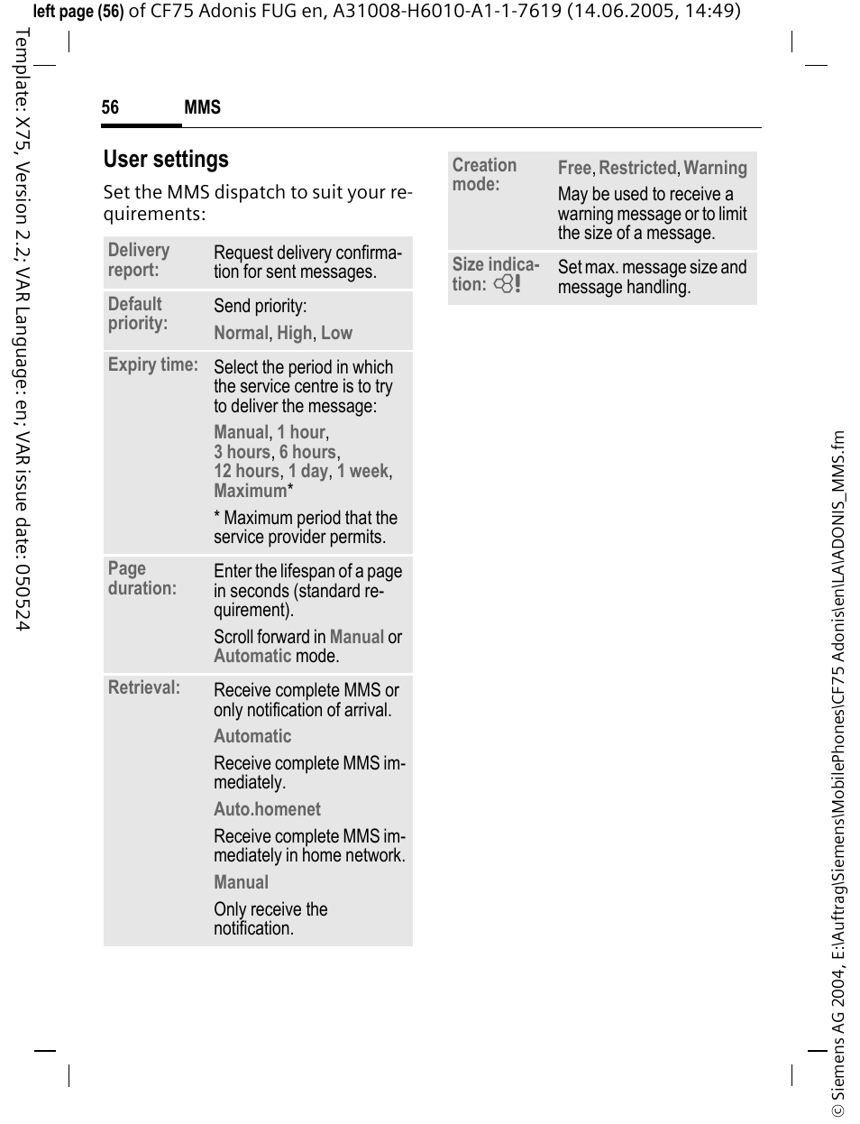 User settings | Siemens CF75 User Manual | Page 57 / 150