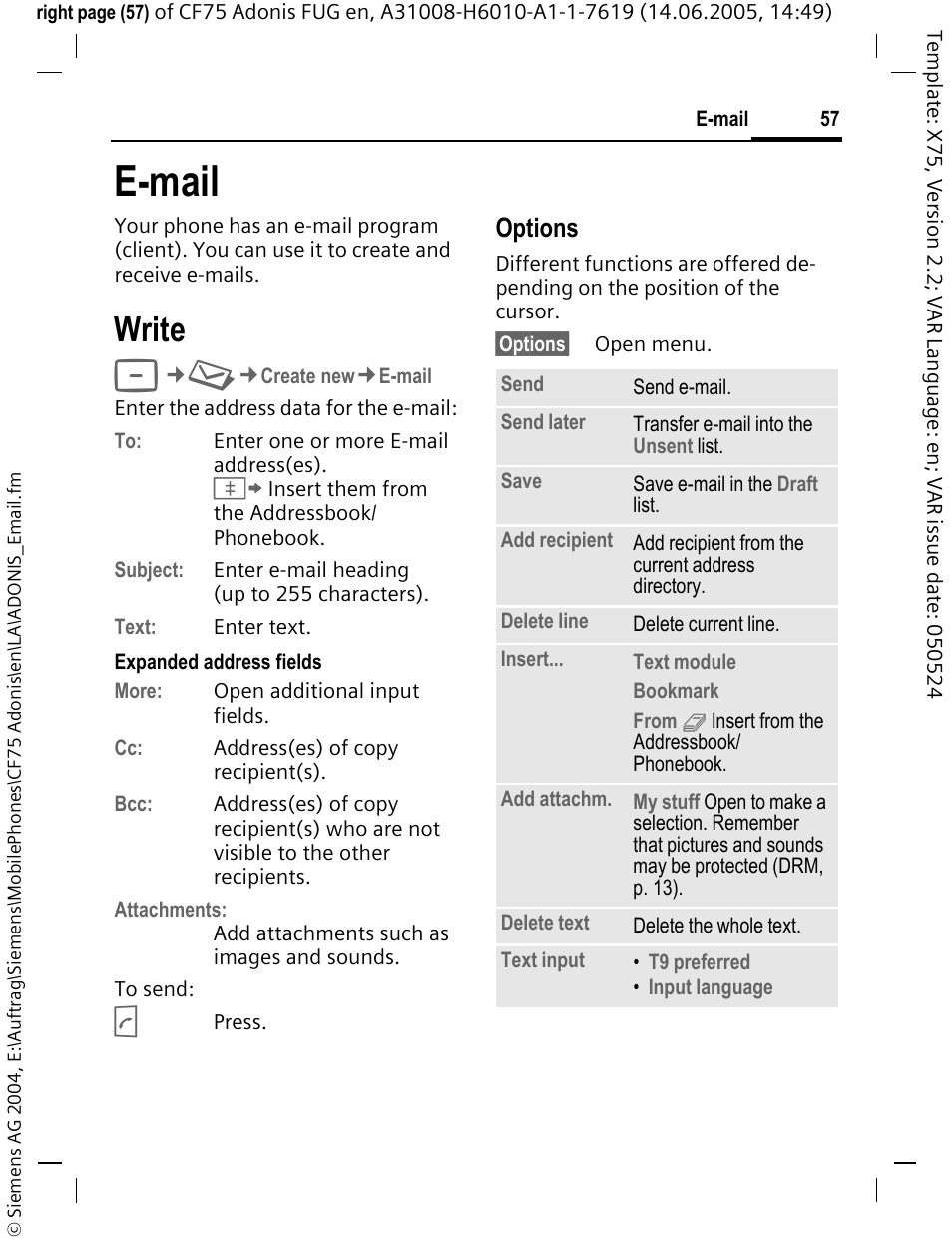 E-mail, Write, Options | Siemens CF75 User Manual | Page 58 / 150