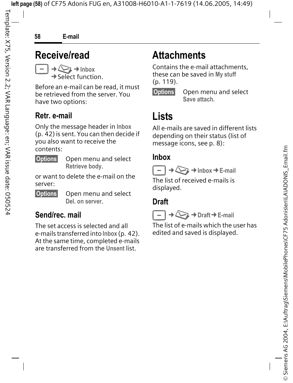 Receive/read, Attachments, Lists | Siemens CF75 User Manual | Page 59 / 150