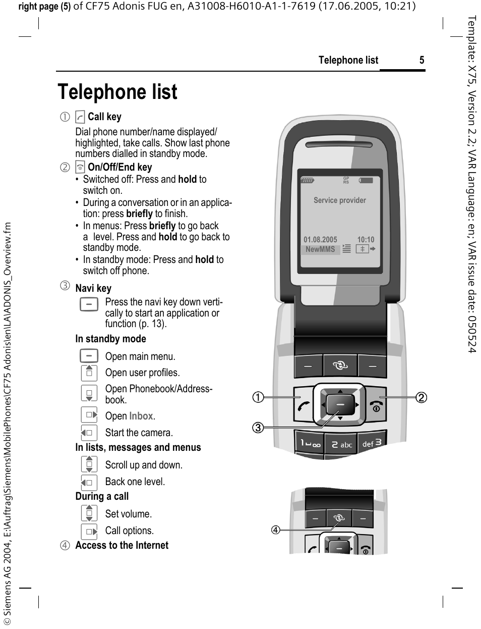 Telephone list | Siemens CF75 User Manual | Page 6 / 150