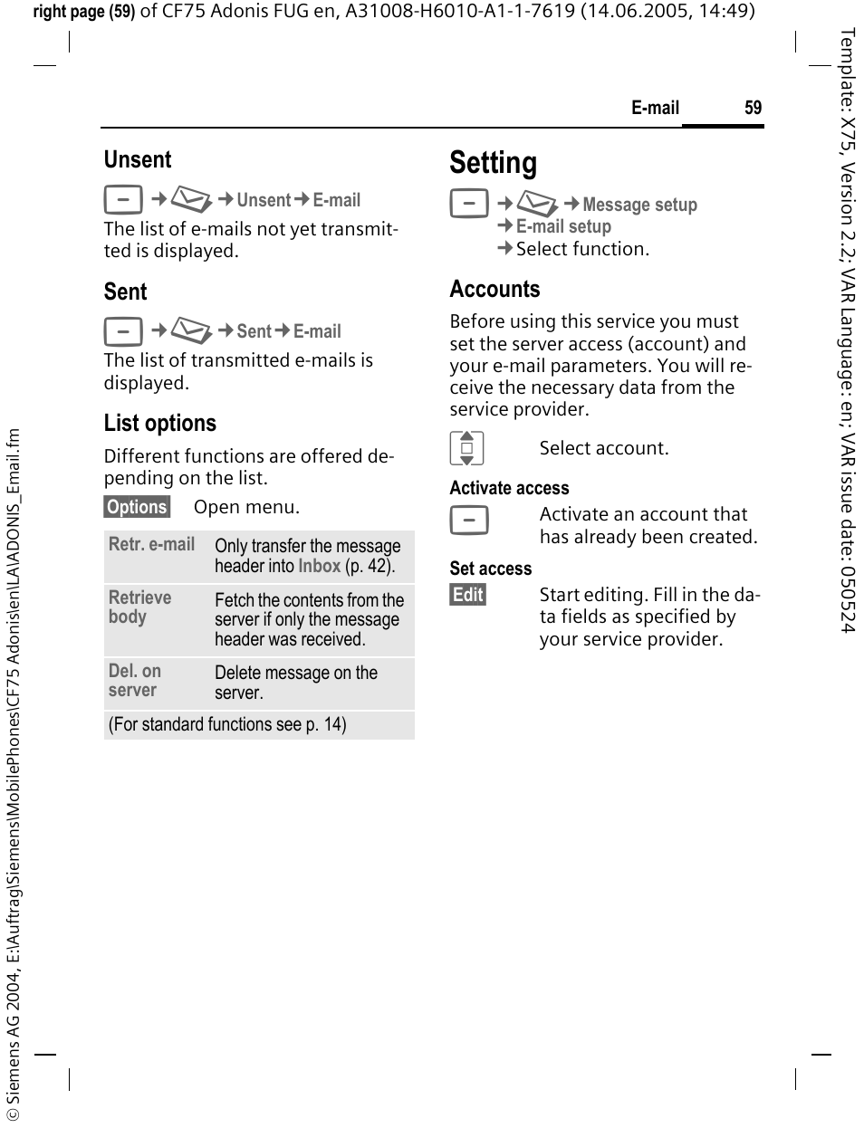 Setting | Siemens CF75 User Manual | Page 60 / 150