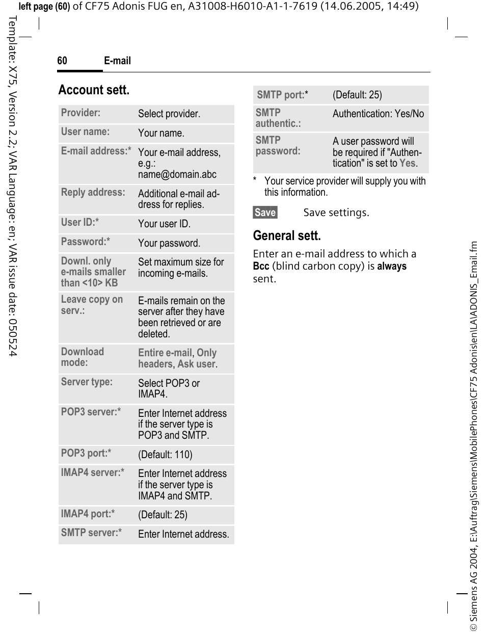 Account sett, General sett | Siemens CF75 User Manual | Page 61 / 150