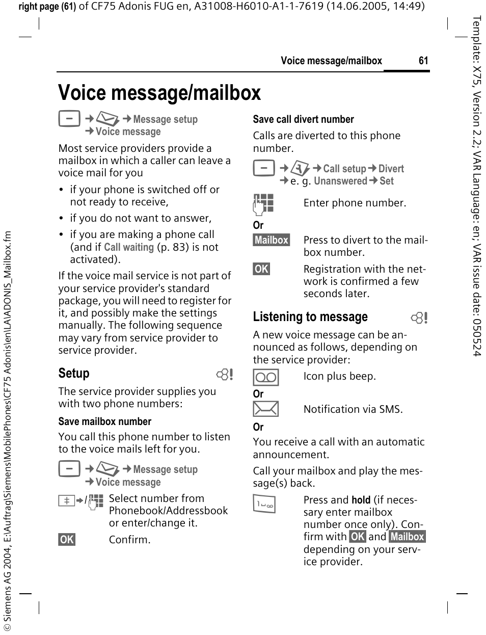 Voice message/mailbox | Siemens CF75 User Manual | Page 62 / 150