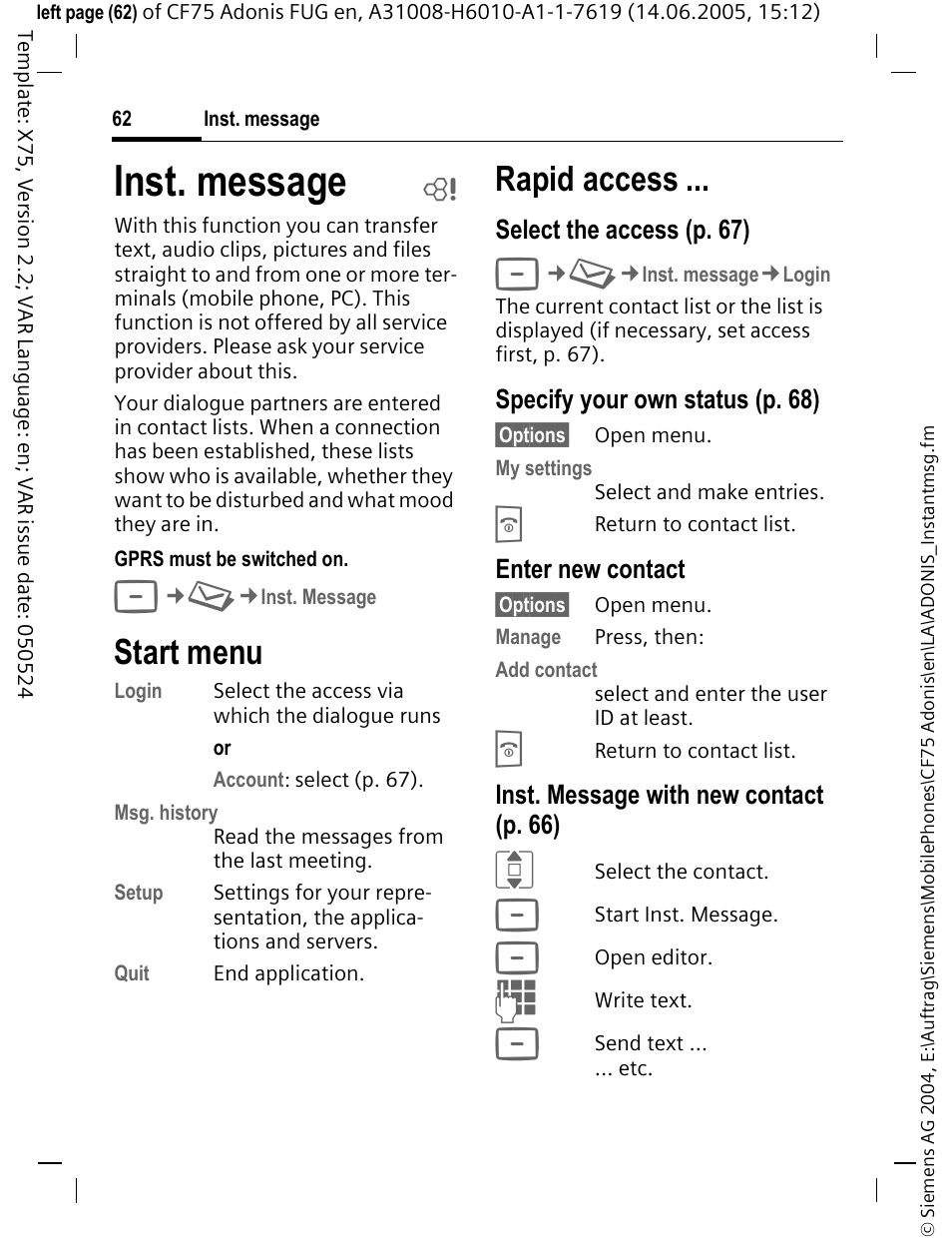 Inst. message b, Start menu, Inst. message | Begin chat p. 62, Rapid access | Siemens CF75 User Manual | Page 63 / 150